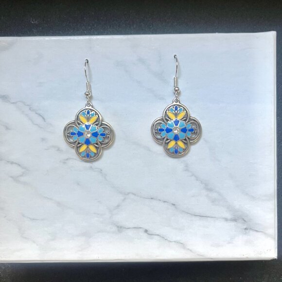 Brighton Bella Limone Blue and Yellow Fleur de Lis Pendant Earrings - Picture 2 of 3